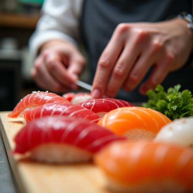 熟練の寿司職人が目の前で新鮮なネタで握り寿司を作っている様子