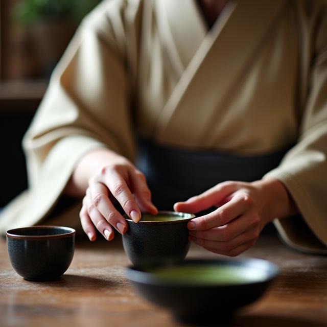 着物を着た女性が丁寧に抹茶を点てている、静かで厳かな茶道体験の様子