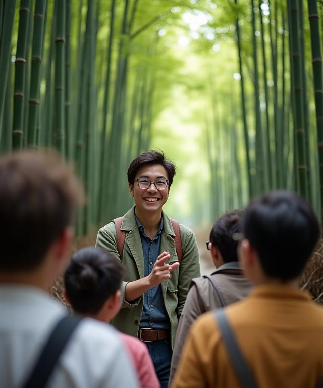 京都の竹林を笑顔で案内する優しいガイドと、日本の美しさに感嘆する旅行者たち
