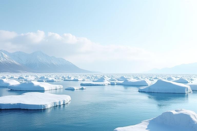 北海道の雪景色に広がる雄大な流氷と遠くに見える白い山々
