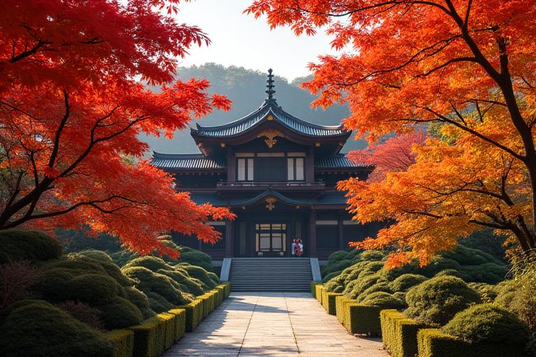 紅葉に鮮やかに染まる京都の古き良き寺院の庭園